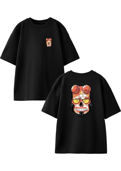 Siyah Oversize Pamuk Şeytan Kuru Kafa Sosis Ön Arka Baskılı Örme T-Shirt