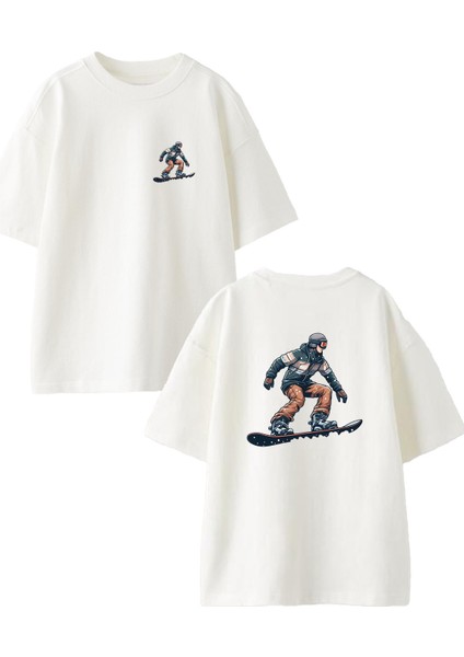 Beyaz Oversize Pamuk Snowboard Genç Ön Arka Baskılı Örme T-Shirt