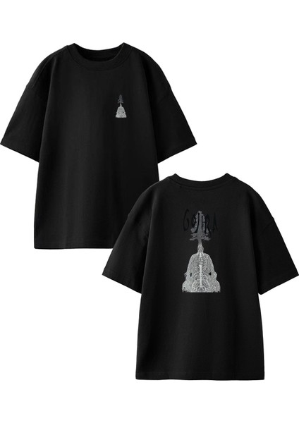 Siyah Oversize Pamuk Gojira Ağaç Gölge Ön Arka Baskılı Örme T-Shirt
