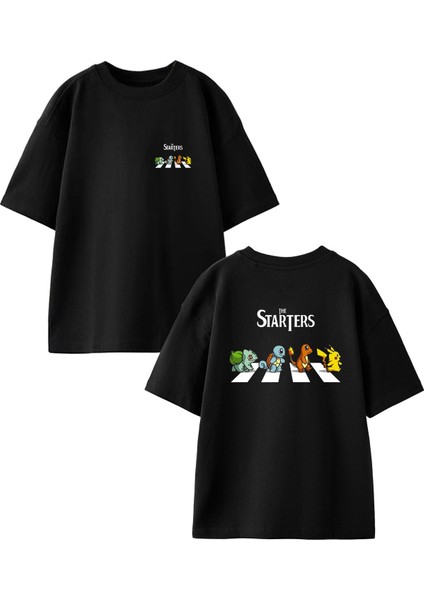 Siyah Oversize Pamuk Starter Pokemon Ön Arka Baskılı Örme T-Shirt