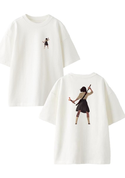 Beyaz Oversize Pamuk Liseli Samuray Ön Arka Baskılı Örme T-Shirt