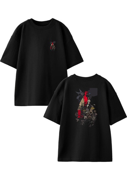 Siyah Oversize Pamuk Siyah Kırmızı Şeytanlar Ön Arka Baskılı Örme T-Shirt