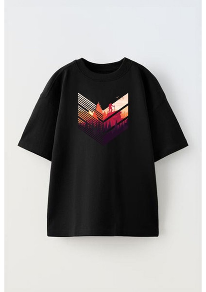 Siyah Oversize Pamuk Rütbe Dağ Yürüyüş Baskılı Örme T-Shirt