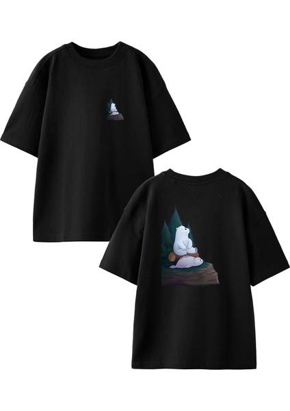 Siyah Oversize Pamuk Fok Balığı Kutup Ayısı Ön Arka Baskılı Örme T-Shirt