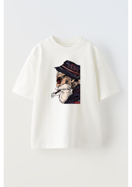 Beyaz Oversize Pamuk Ak Sakallı Pıro Baskılı Örme T-Shirt