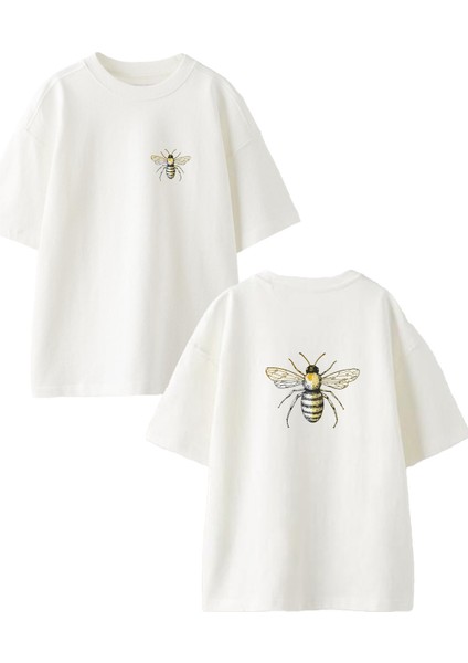 Beyaz Oversize Pamuk Bal Arısı Ön Arka Baskılı Örme T-Shirt