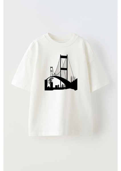 Beyaz Oversize Pamuk Istanbul Boğaz Köprüsü Baskılı Örme T-Shirt