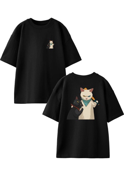 Siyah Oversize Pamuk Kara Beyaz Kediler Ön Arka Baskılı Örme T-Shirt