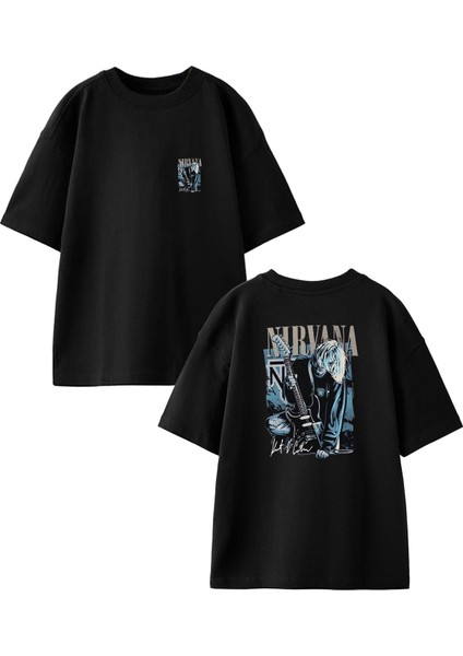 Siyah Oversize Pamuk Nırvana Grup Poster Ön Arka Baskılı Örme T-Shirt