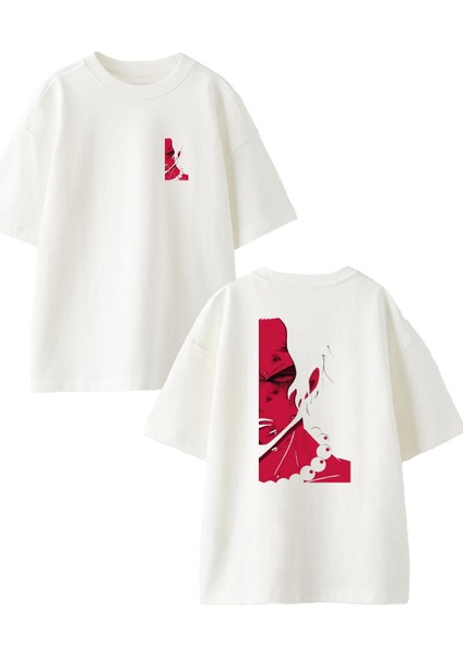 Beyaz Oversize Pamuk Kırmızı Şeytan Adam Ön Arka Baskılı Örme T-Shirt