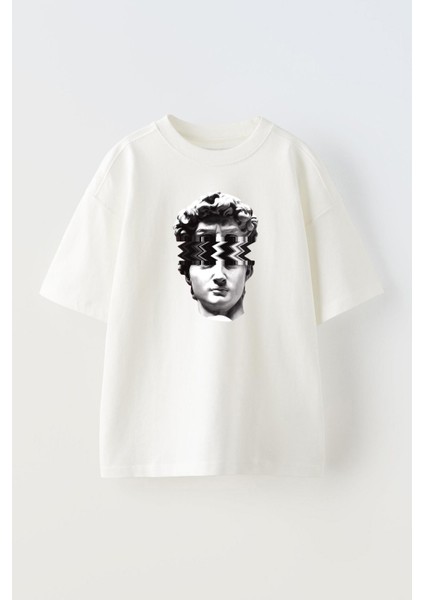 Beyaz Oversize Pamuk Davut Heykeli Baskılı Örme T-Shirt