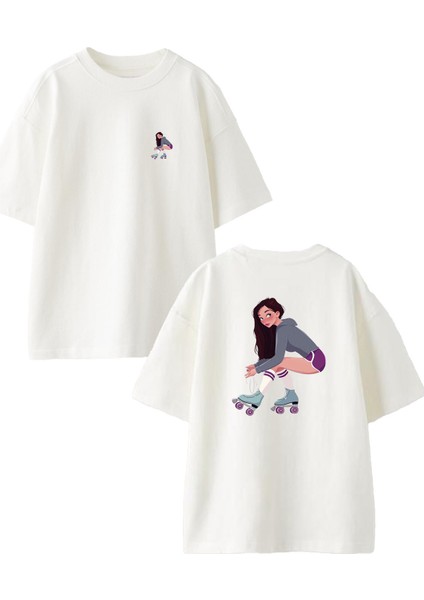 Beyaz Oversize Pamuk Patenli Kız Ön Arka Baskılı Örme T-Shirt
