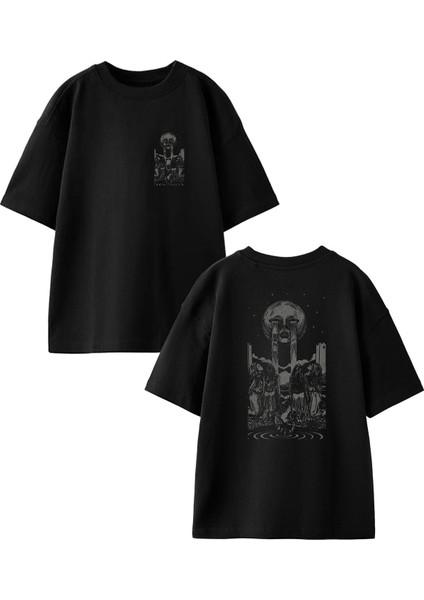 Siyah Oversize Pamuk Ağlayan Güneş Tapınak Ön Arka Baskılı Örme T-Shirt