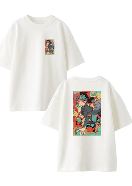 Beyaz Oversize Pamuk Karmaşık Çizim Karikatür Ön Arka Baskılı Örme T-Shirt