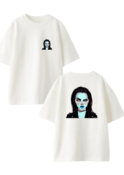 Beyaz Oversize Pamuk Palyaço Genç Kız Ön Arka Baskılı Örme T-Shirt