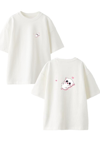 Beyaz Oversize Pamuk Yatay Kedicik Şirin Ön Arka Baskılı Örme T-Shirt