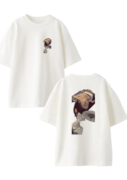 Beyaz Oversize Pamuk Rüya Alemi Kadın Ön Arka Baskılı Örme T-Shirt