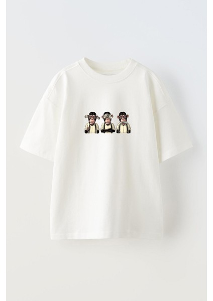 Beyaz Oversize Pamuk Üç Maymun Dolar Baskılı Örme T-Shirt