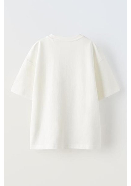 Beyaz Oversize Pamuk Üç Maymun Dolar Baskılı Örme T-Shirt