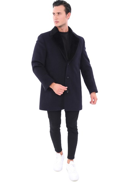 918 Erkek Lacivert Ceket Yaka Kürklü Kaban