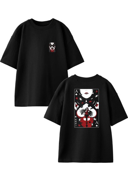 Siyah Oversize Pamuk As Anime Kız Ön Arka Baskılı Örme T-Shirt