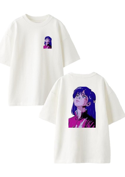 Beyaz Oversize Pamuk Mavi Saçlı Anime Kız Ön Arka Baskılı Örme T-Shirt
