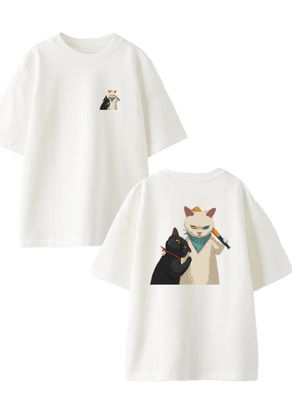 Beyaz Oversize Pamuk Kara Beyaz Kediler Ön Arka Baskılı Örme T-Shirt