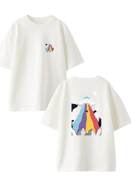 Beyaz Oversize Pamuk Uzay Gemisi Ön Arka Baskılı Örme T-Shirt