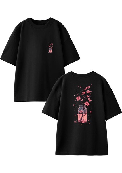 Siyah Oversize Pamuk Kavanoz Içi Çiçek Ön Arka Baskılı Örme T-Shirt