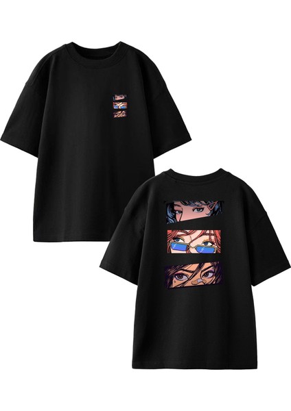 Siyah Oversize Pamuk Üçlü Kız Genç Ön Arka Baskılı Örme T-Shirt