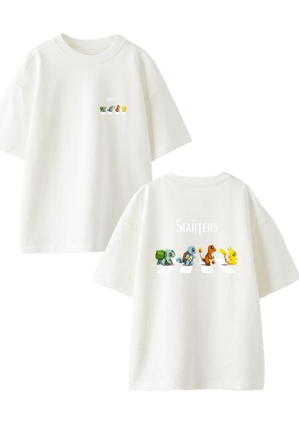 Beyaz Oversize Pamuk Starter Pokemon Ön Arka Baskılı Örme T-Shirt