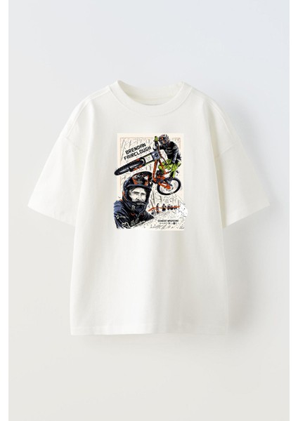 Beyaz Oversize Pamuk Motocross Baskılı Örme T-Shirt