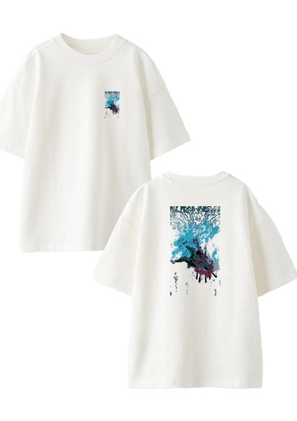 Beyaz Oversize Pamuk Düşen Adam Çizim Ön Arka Baskılı Örme T-Shirt
