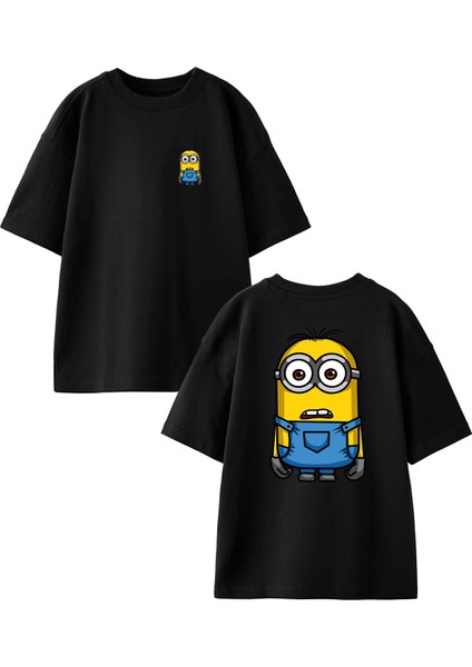 Siyah Oversize Pamuk Şaşkın Minyon Işçi Ön Arka Baskılı Örme T-Shirt