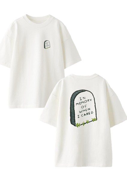 Beyaz Oversize Pamuk In Memory Mezar Taşı Ön Arka Baskılı Örme T-Shirt