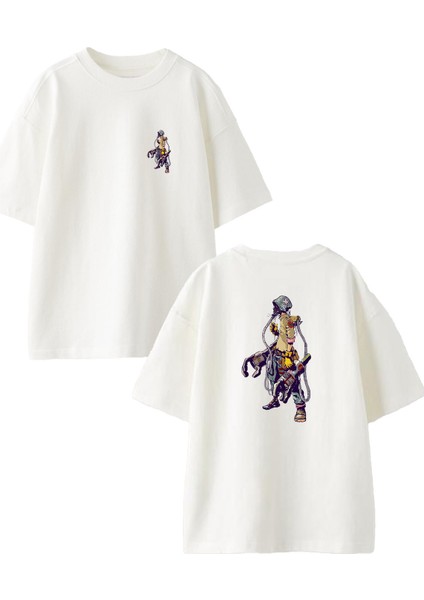 Beyaz Oversize Pamuk Pilot Adam Yürüyüş Ön Arka Baskılı Örme T-Shirt