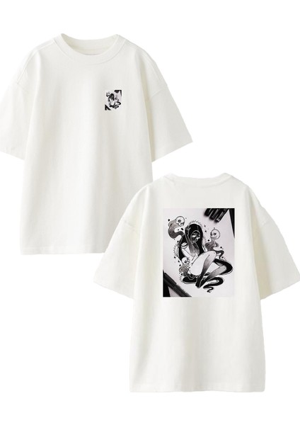 Beyaz Oversize Pamuk Yılanlı Kadın Karakalem Ön Arka Baskılı Örme T-Shirt