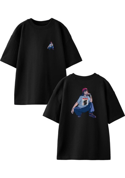 Siyah Oversize Pamuk Keko Kız Ön Arka Baskılı Örme T-Shirt