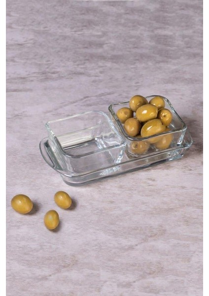 Cam Mini 3 Parça Tepsili Lokumluk Şekerlik Reçellik Tuzluk Kahvaltılık Sunumluk