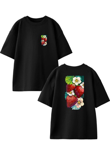 Siyah Oversize Pamuk Çilekler Lale Ön Arka Baskılı Örme T-Shirt