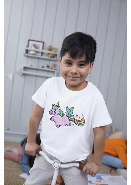 Unicorn Rainbow Fart Sevimli Çocuk T-Shirt Unisex Kesim