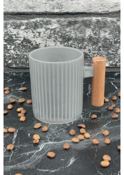 Ahşap Kulplu Seramik Mug Kupa Bardak 225CC 1 Adet Gri
