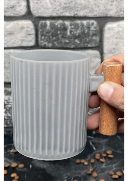Ahşap Kulplu Seramik Mug Kupa Bardak 225CC 1 Adet Gri