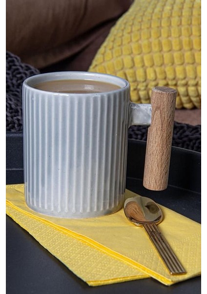 Ahşap Kulplu Seramik Mug Kupa Bardak 225CC 1 Adet Gri