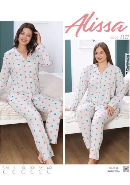 6127 Kadın Gri Puanlı Uzun Kol Patlı Pijama Takımı