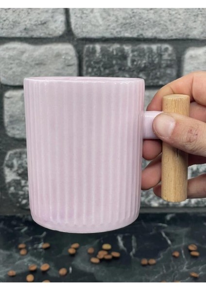 Ahşap Kulplu Seramik Mug Kupa Bardak 225CC 1 Adet Pembe