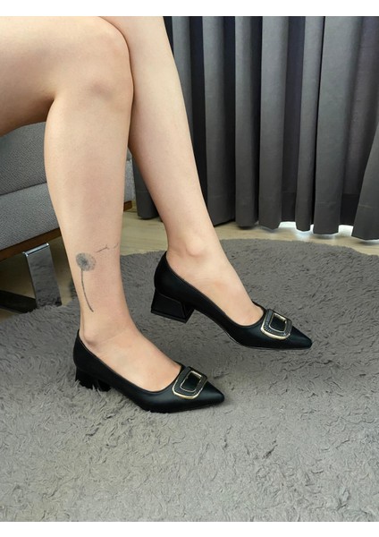 Kadın Pita Siyah Deri Tokalı Stiletto Alcak Ökçe Abiye Ayakkabı