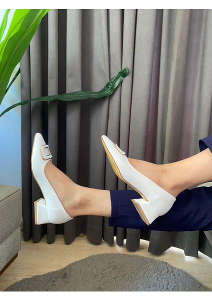 Kadın Pita Beyaz Deri Tokalı Stiletto Alcak Ökçe Abiye Ayakkabı modelleri