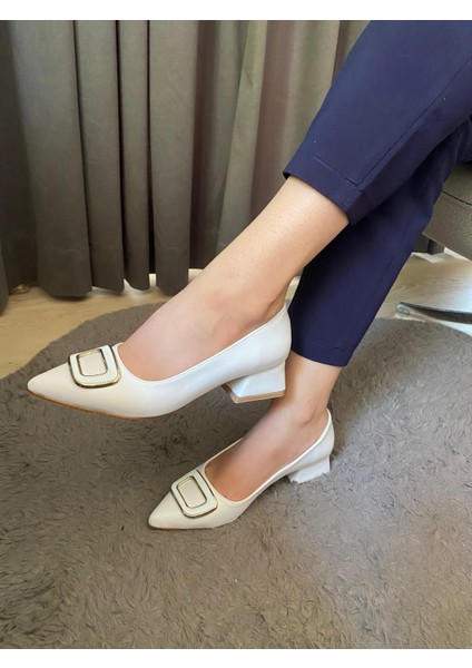 Kadın Pita Beyaz Deri Tokalı Stiletto Alcak Ökçe Abiye Ayakkabı indirimleri
