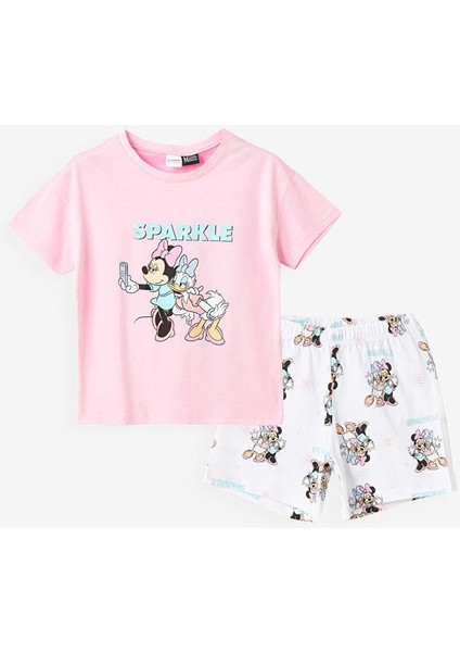 Bisiklet Yaka Minnie Mouse Baskılı Kısa Kollu Kız Çocuk Şortlu Pijama Takımı